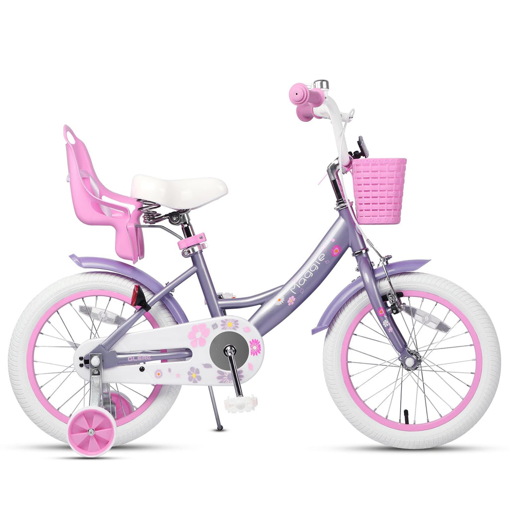 Glerc Maggie Girls Bike, 12-20 Inch Kids Bike for 2-13 Years Old Children, Princess Style Kids Bicycle with Doll-Seat & Basket & Training Wheels, Multiple Colors