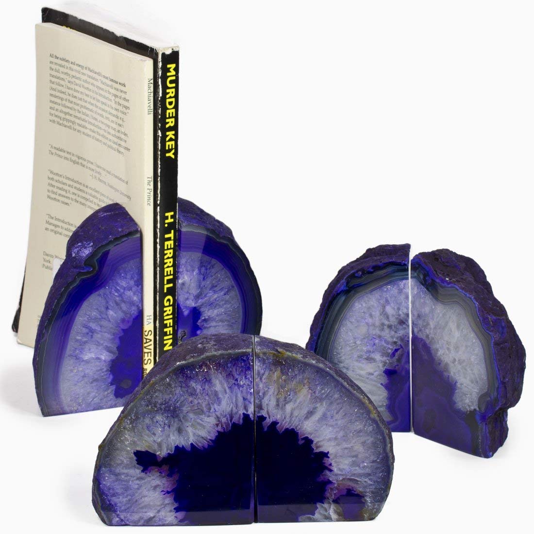 JIC Gem Black Agate Geode Bookends 2-3 Lbs Anti-Slip Rubber Pads Heavy Duty | 1Pair Natural Black Agate Crystal Decor for Shelves & Desk, Unique Small Stone Book Holder Gift for Office & Home Decoration