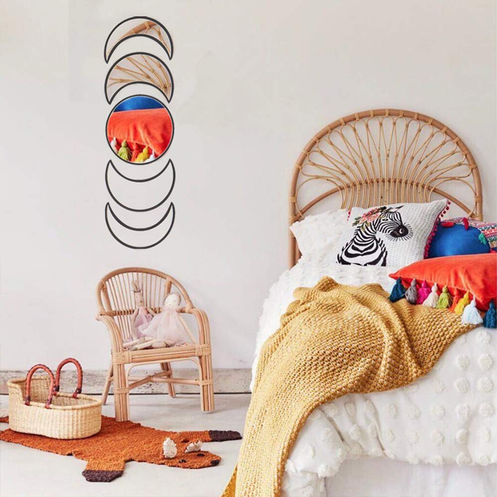 Scandinavian Decor 5-Piece Acrylic Wall Decor - Wooden Moon Phase Mirror, Bohemian Design for Living Room, Bedroom - Beige