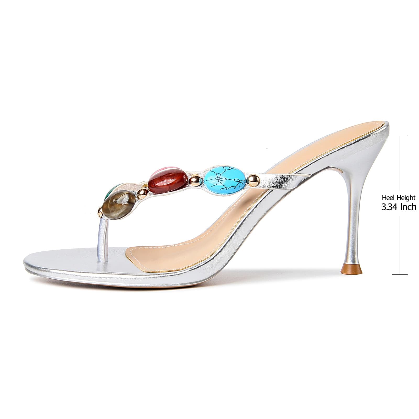 DREAMSTORY Women's Jeweled Thong Strappy Heels Sandals Comfortable Round toe High Heel Dressy Summer Sandals for Wedding Party Beach Flip Flops Slip On Casual Shoes Wear