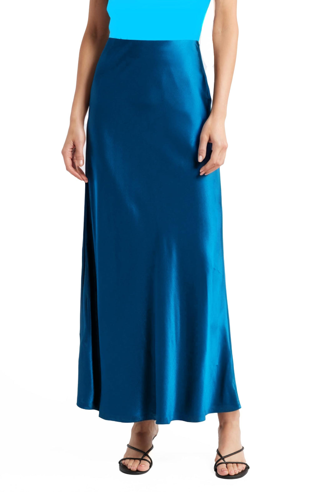 Women's Solid Satin High Waist Midi Long Skirt Hidden Elastic Waistband Skirt for Women-Made in USA