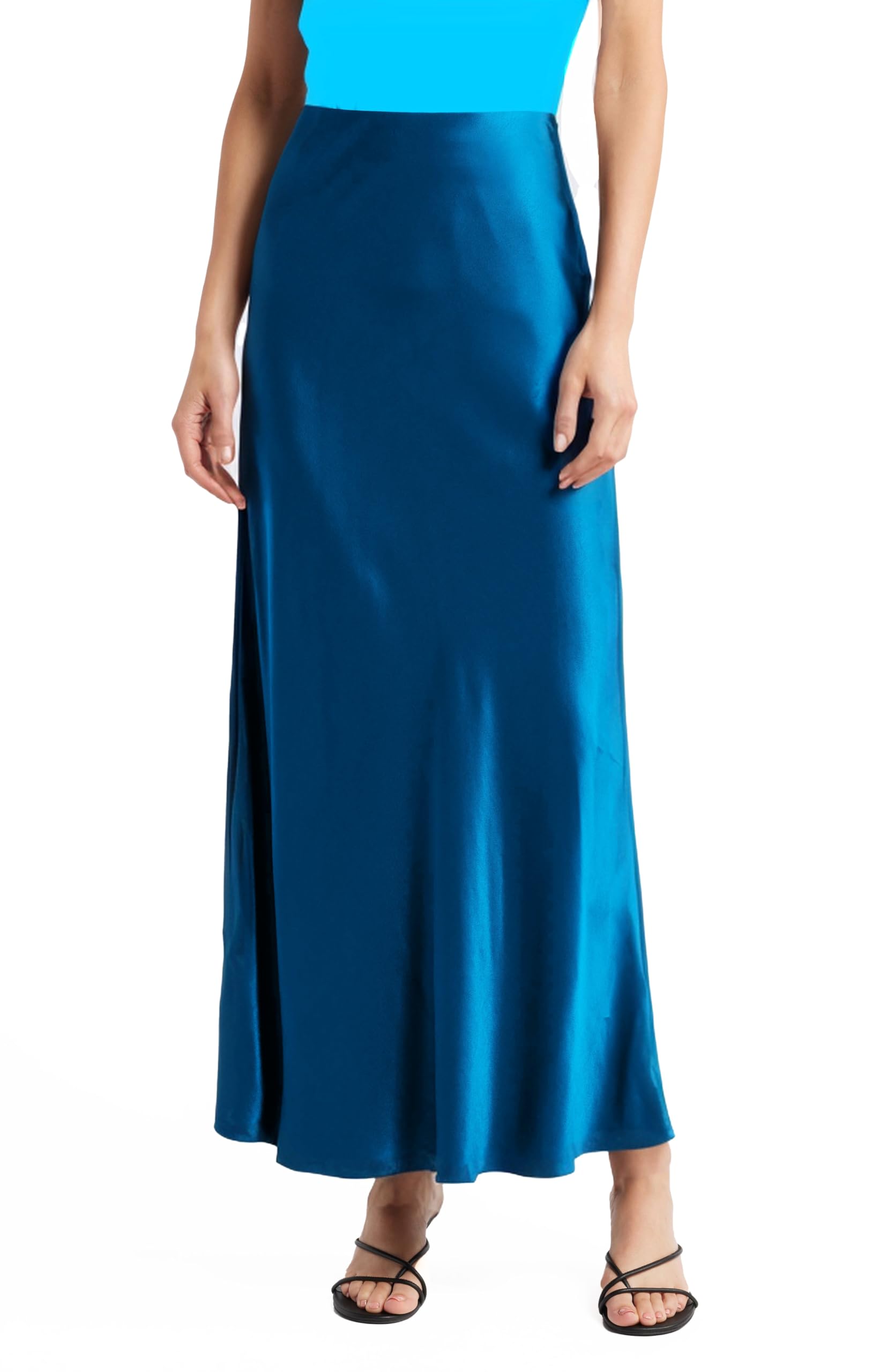 Women's Solid Satin High Waist Midi Long Skirt Hidden Elastic Waistband Skirt for Women-Made in USA