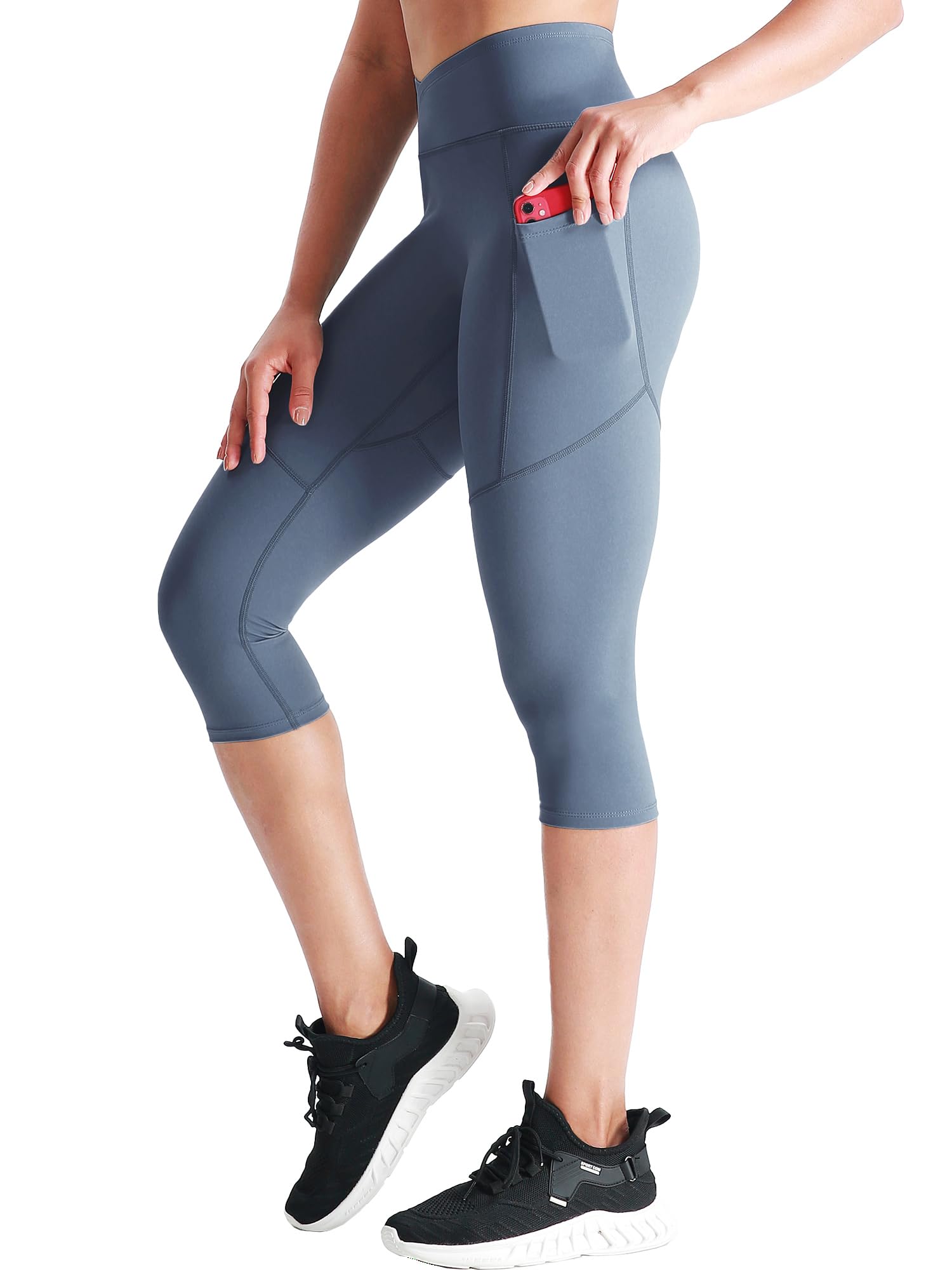 CADMUS Womens High Waist Workout Legging Capris for Yoga w Side Pockets