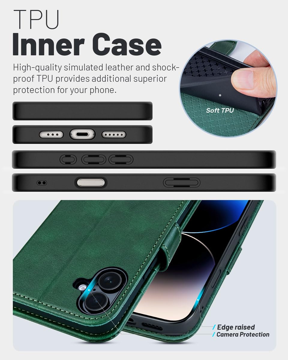 OCASE Compatible with iPhone 16 Wallet Case, PU Leather Flip Folio Case with Card Holders RFID Blocking Kickstand [Shockproof TPU Inner Shell] Phone Cover 6.1 Inch 2024, Black