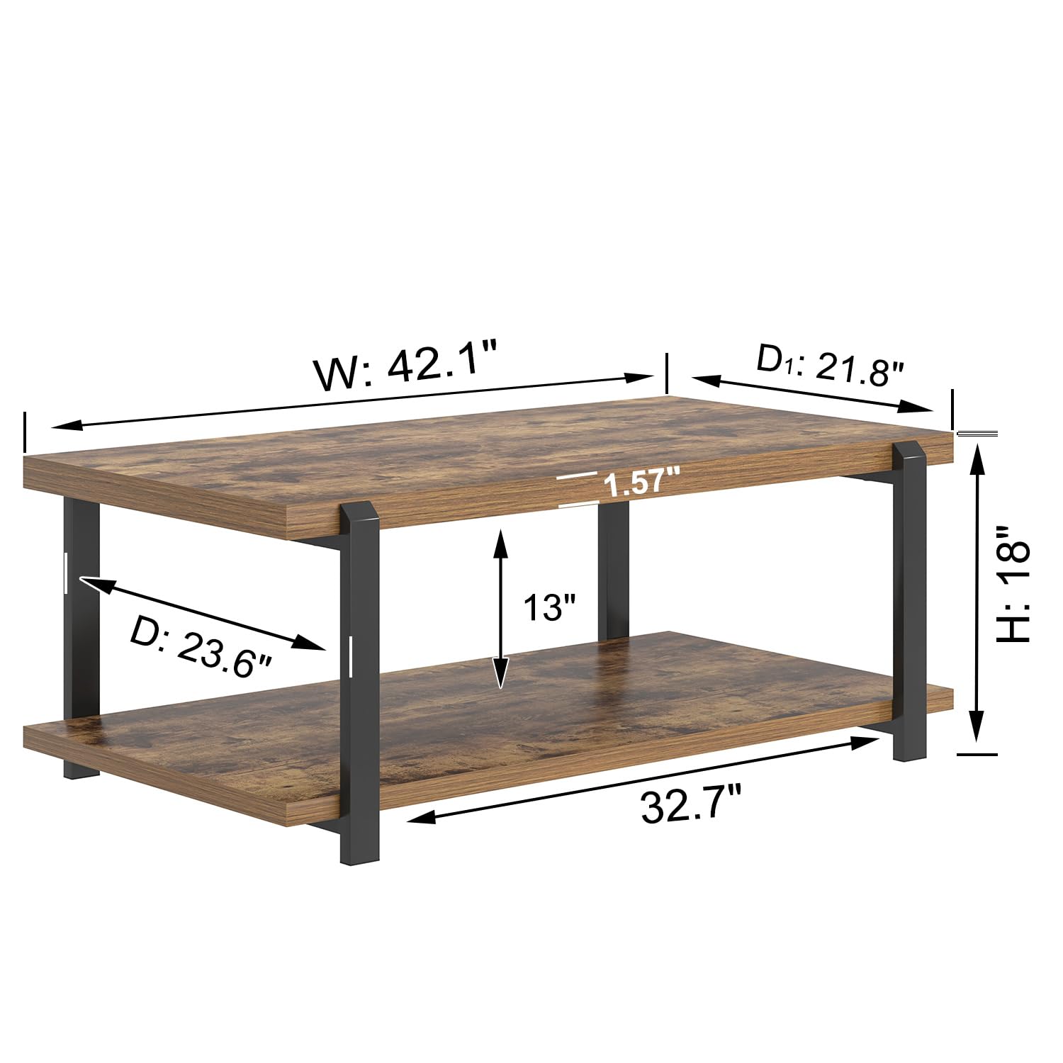 FOLUBAN Black Coffee Table, Modern Rustic Wood Center Table with Storage for Living Room, Industrial Rectangle 2 Tier Cocktail Tea Table, Black Oak