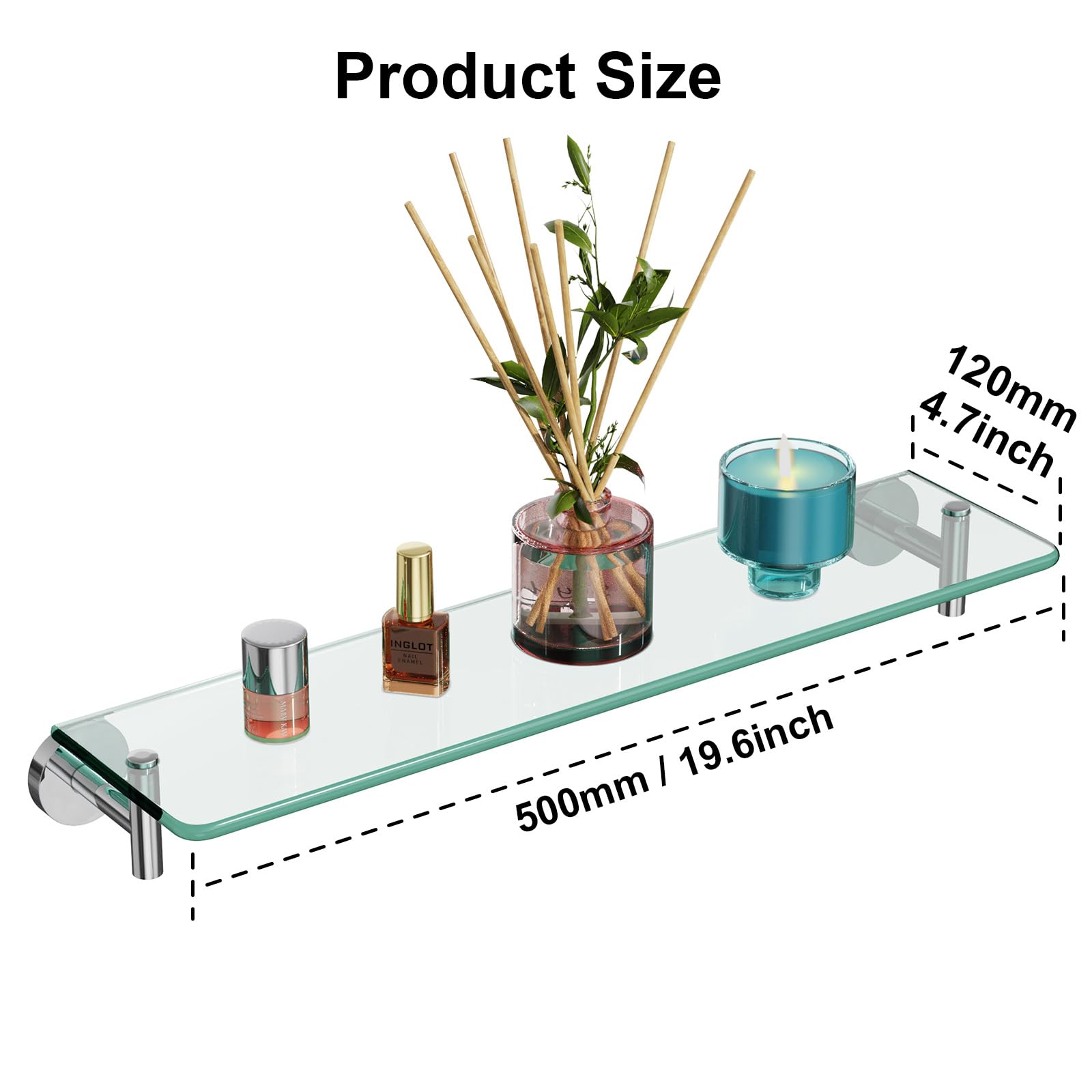 Glass Bathroom Shelves,Brushed Gold Floating Shelves for Wall Rectangular Modern Stainless Steel Glass Shelf for Bathroom Shelves wall Mounted 16 Inch