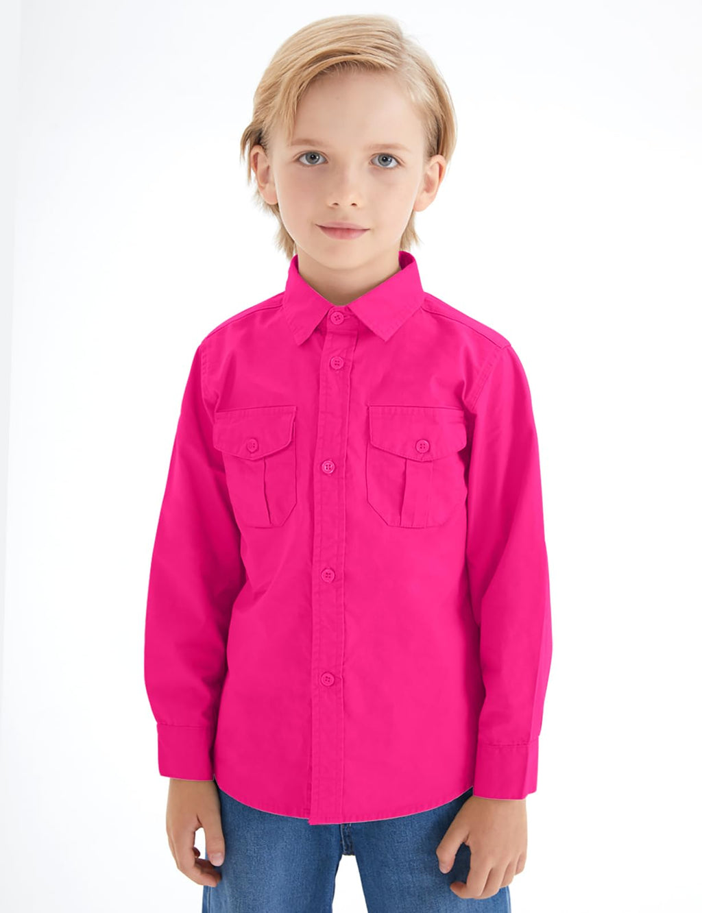 Spring&Gege Boys' Long Sleeve Button Down Shirt for Kids Woven Solid Two Pockets