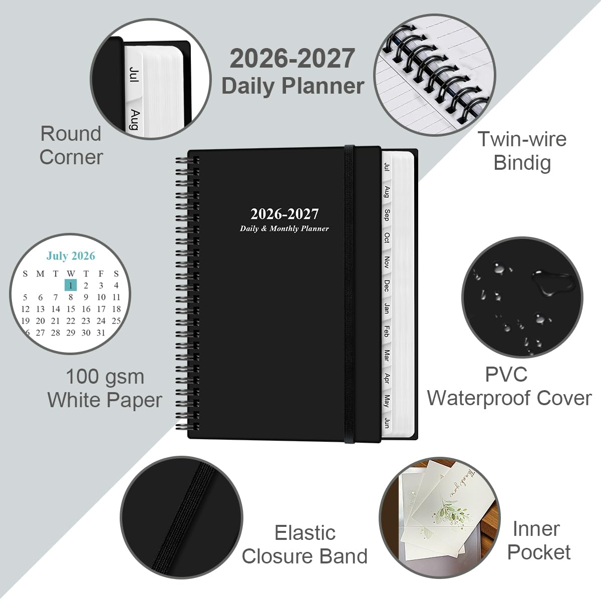 2026-2027 Daily & Monthly Planner - One Page Per Day, Daily Planner from July 2026 to June 2027, Planner 2026-2027 with 12 Monthly Tabs, 6.4" x 8.5", Black