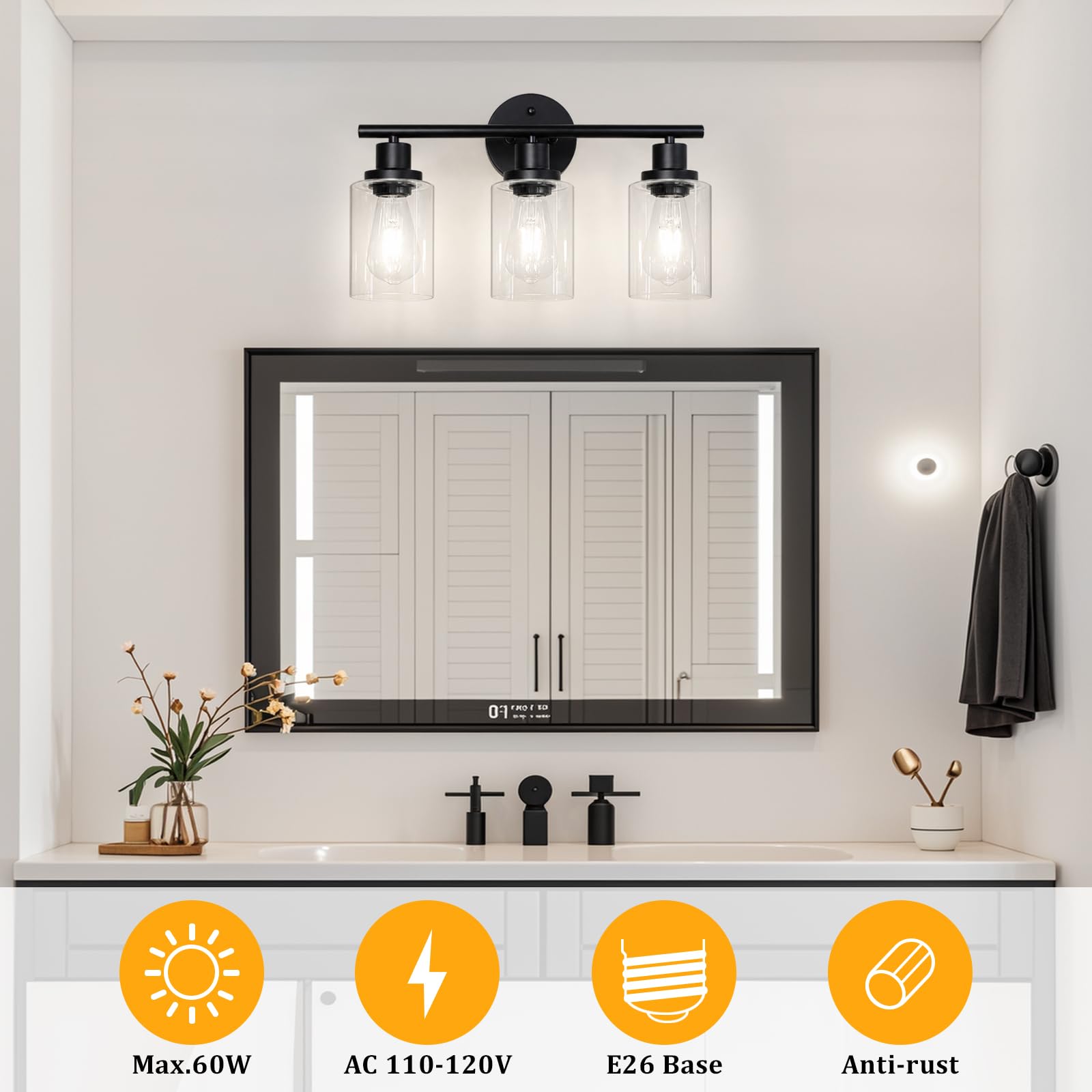Unicozin 2 Pack Modern Bathroom Light Fixtures, 3 Light Vanity Lights, Black Wall Lamp with Clear Glass for Bathroom, Mirror, Living Room, Bedroom, Hallway, E26 Base