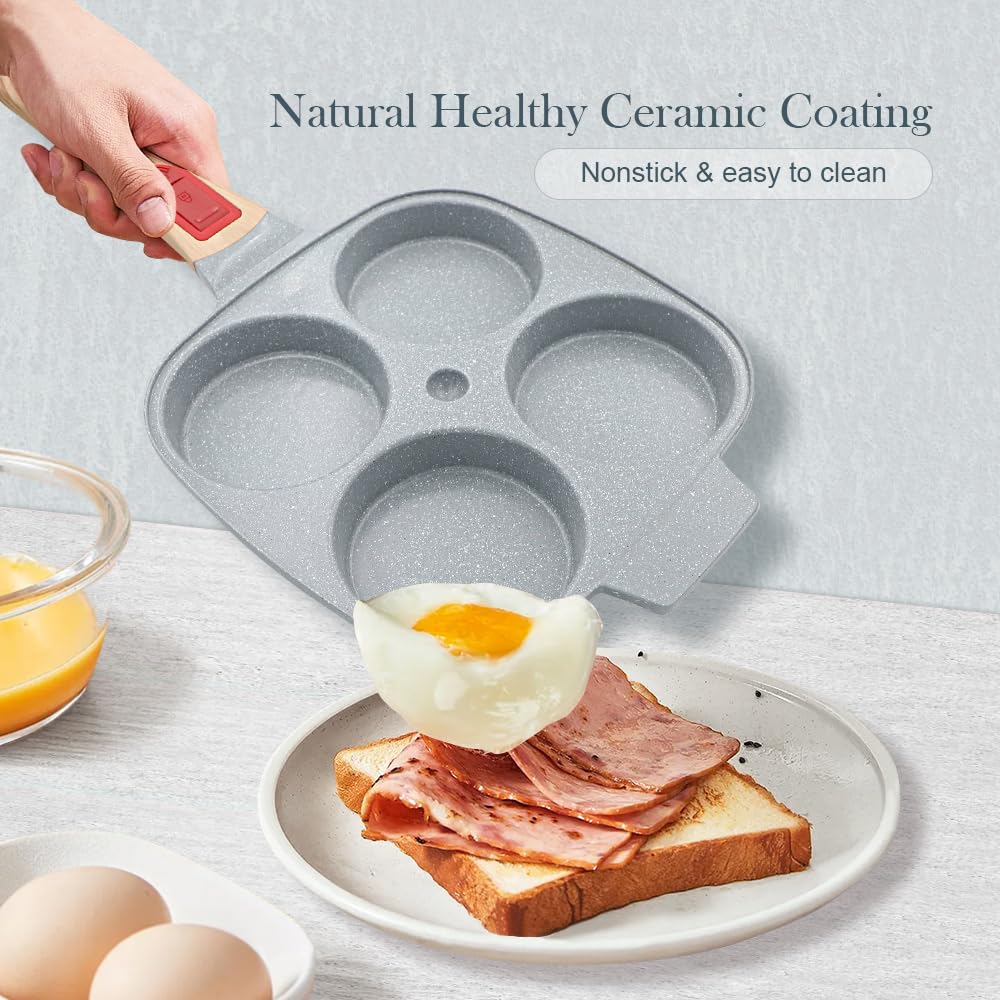 RANX INGST Ceramic Egg Frying Pan, Nonstick 4 Cup Fried Egg Pan with Detachable Handle, Omelette Pan Induction Compatible - Blue