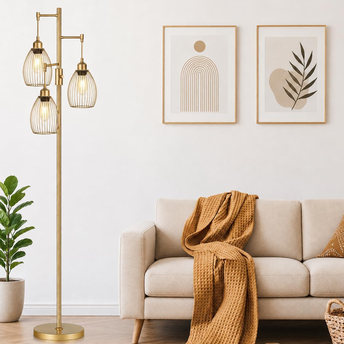 Dimmable Floor Lamp, 3 x 800LM LED Edison Bulbs Included, Farmhouse Industrial Floor Lamp Standing Tree Lamp with Elegant Teardrop Cage Tall Lamps for Living Room Bedroom Office Dining Room-Brass