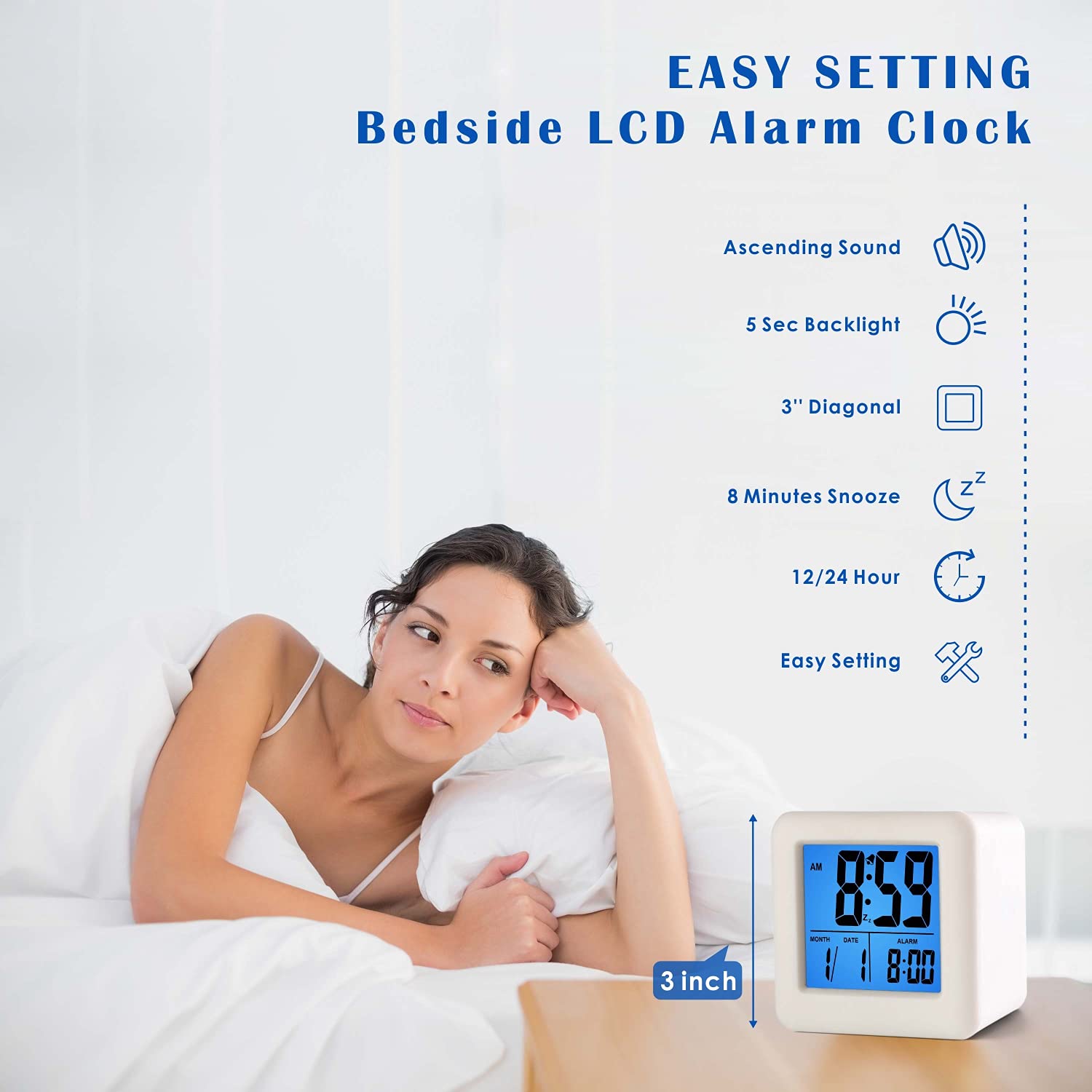 Plumeet Digital Alarm Clock Kids Clock with Snooze and White Nightlight - Easy Setting Travel Alarm Clocks Display Time, Date, Alarm - Ascending Sound - Battery Powered (Baby Blue)