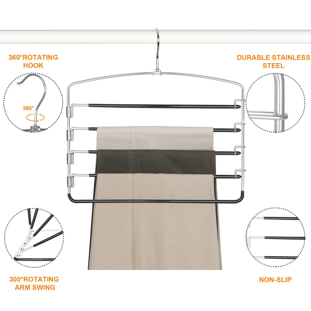 TOPIA HANGER Pants Hangers Space Saving, 2-Pack Swing Arm Pants Organizer for Closet, Non-Slip Foam Padded Organizer Hanger for Multi Slacks, Jeans, Trousers, Skirts, Scarfs, Black-CT08B
