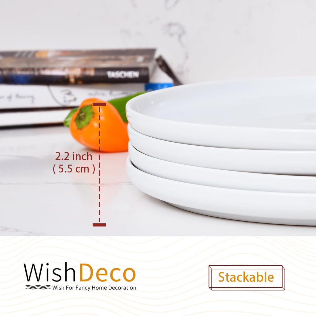 WishDeco White Dinner Plates Set of 4, Ceramic Dining Plates 10.5 inch, Large Salad Plate, Porcelain Kitchen Plate for Pizza, Steak, Microwave and Dishwasher Safe