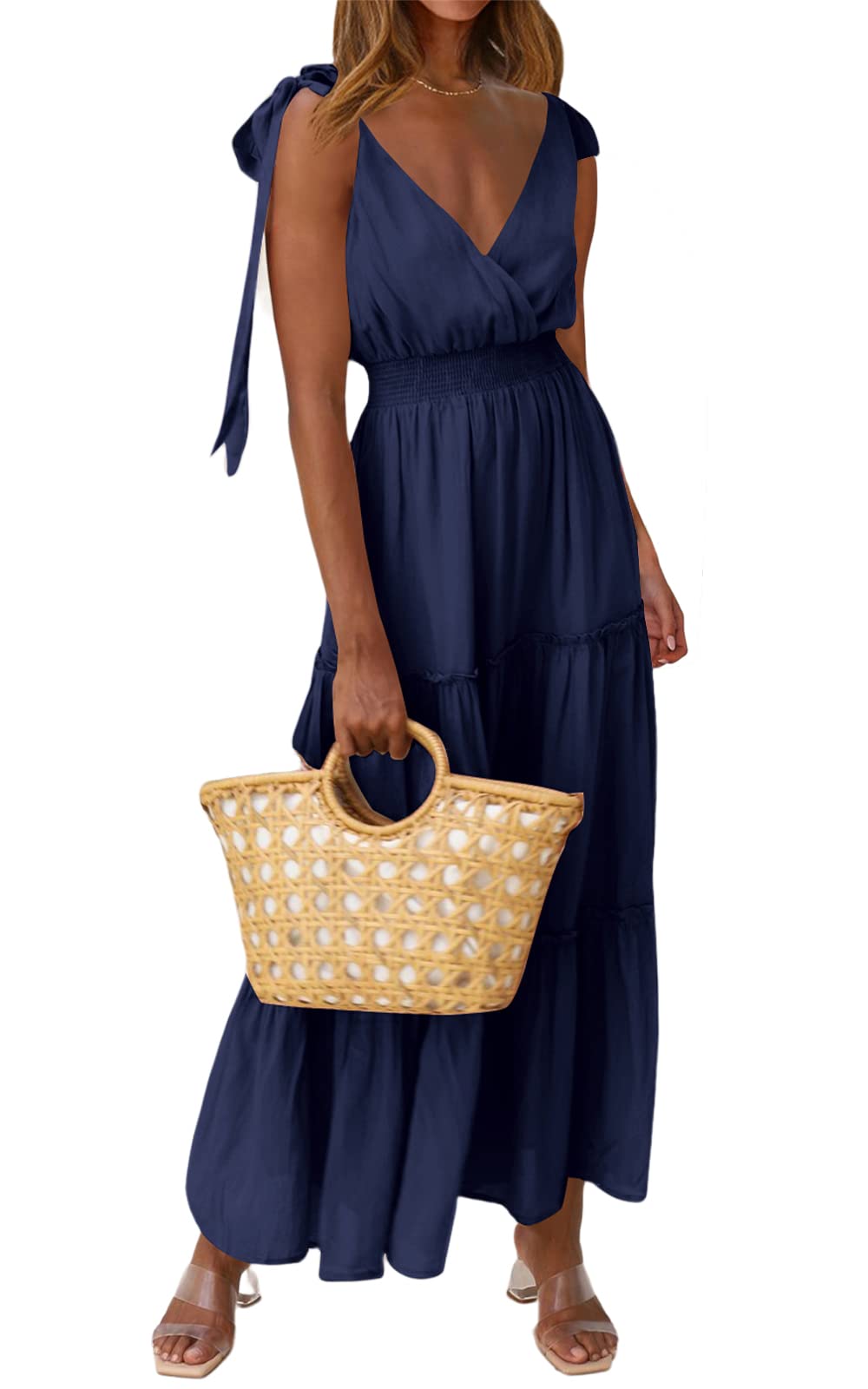 PRETTYGARDEN Women's Cross Neck Summer Sleeveless Tiered Maxi Dress Beach Tie Strap Smocked Long Dresses Pleated Sundress