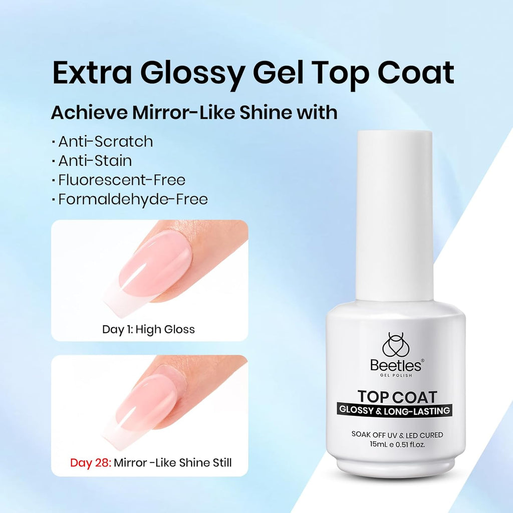 Beetles 2Pcs 15ml Gel Base and Top Coat Set - Upgrade No Wipe Extra Glossy Top Coat Finish for Gel Nail Polish, Soak Off UV/LED Lamp Needed, Essentials for Long-Lasting Manicure Kit