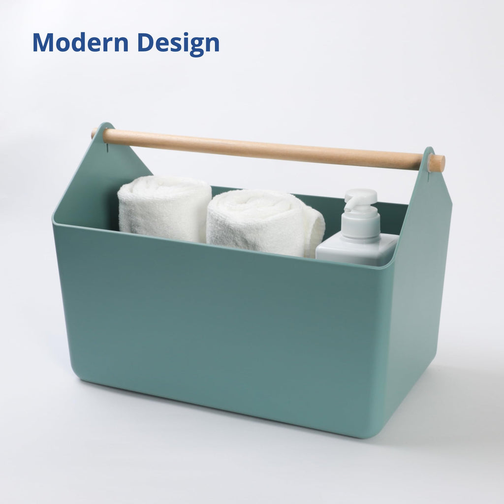 BLUE GINKGO Medium Storage Basket – Plastic Caddy with Wooden Handle for Office, Arts & Crafts, or Home Supplies (Green)