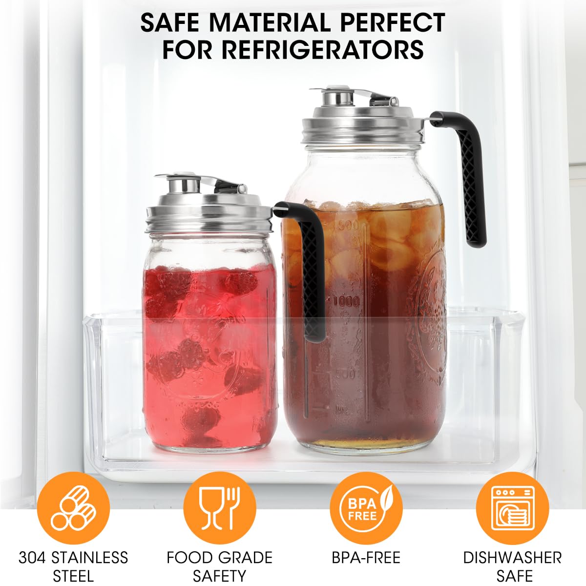 Aieve Stainless Steel Mason Jar Pour Spout Lid, 2 Pack Wide Mouth Mason Jar Pitcher Flip Cap Lids with Handle for Ball Jar Lids (3.38 inch)