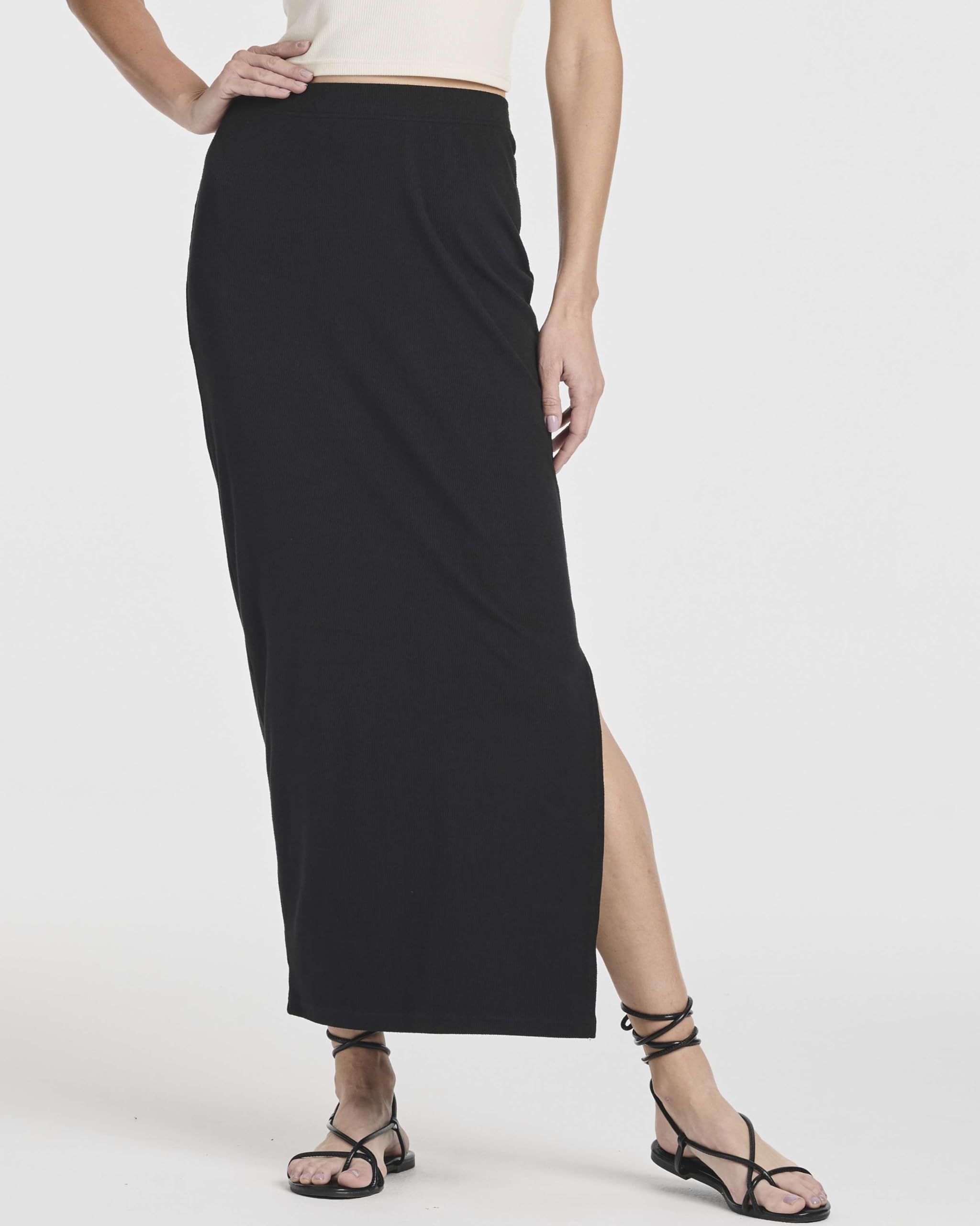 Real Essentials 3 Pack: Women's Ribbed High Waisted Maxi Skirt with Side Slit - Casual Long Pencil Skirt