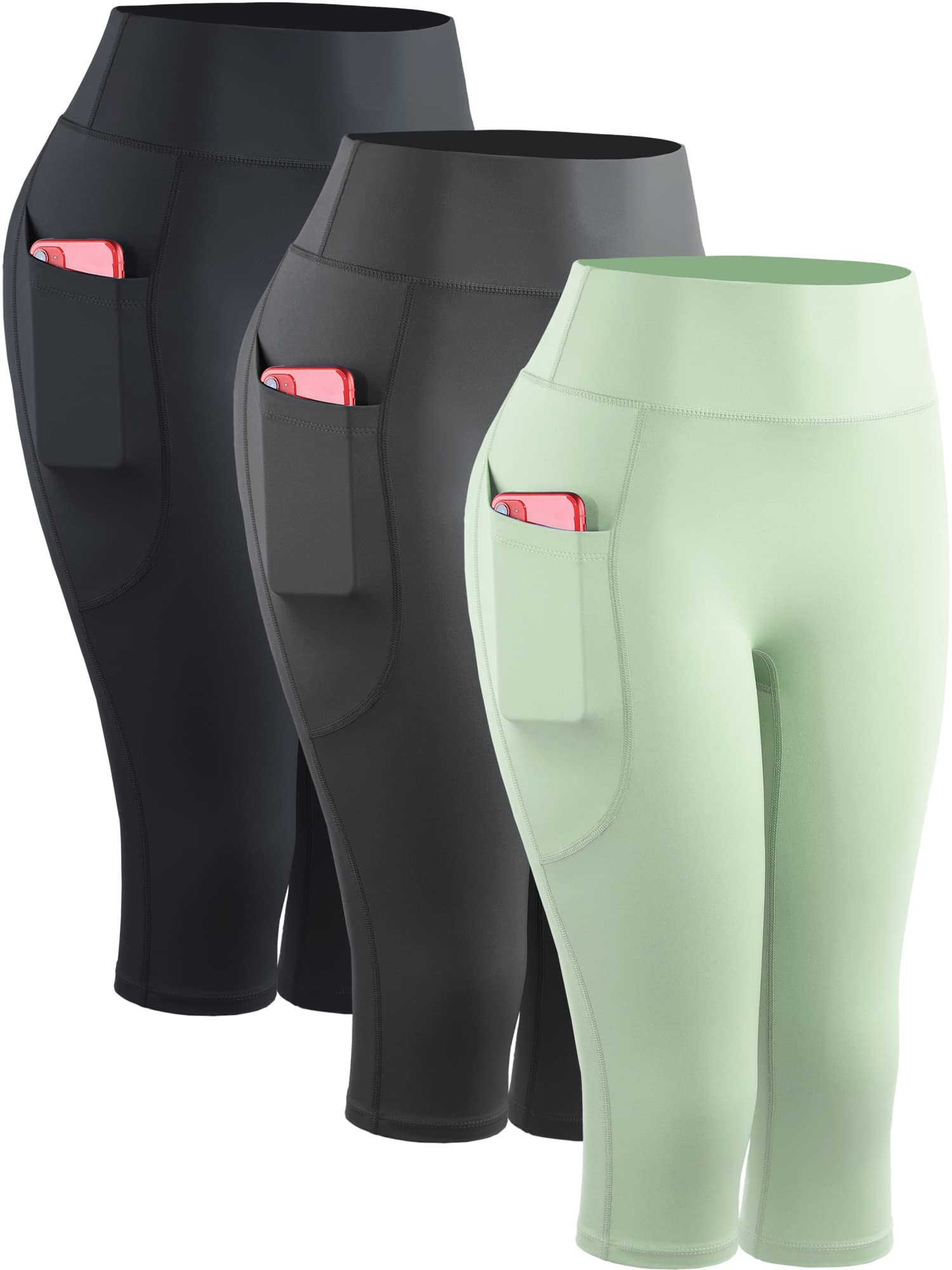 CADMUS Womens High Waist Workout Legging Capris for Yoga w Side Pockets