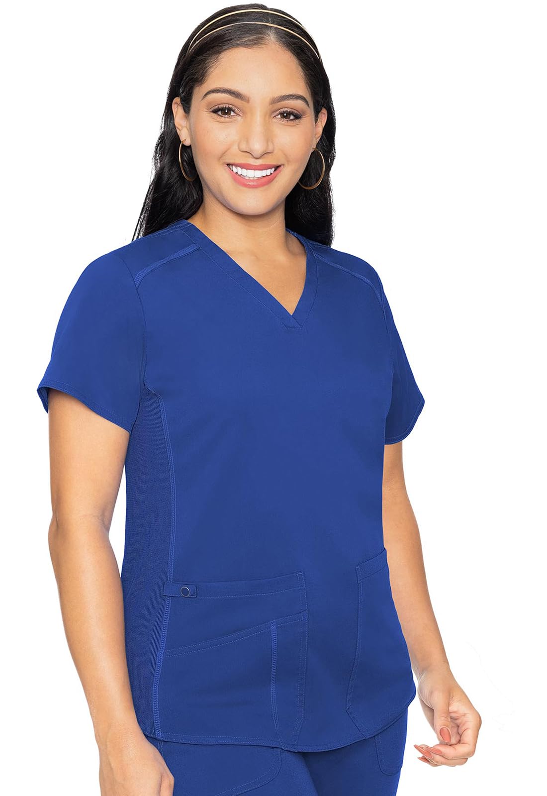 Med Couture V-Neck Scrub Top for Women with 4 Pockets, Rib-Knit Side Panel, and Shirttail Hem MC7459