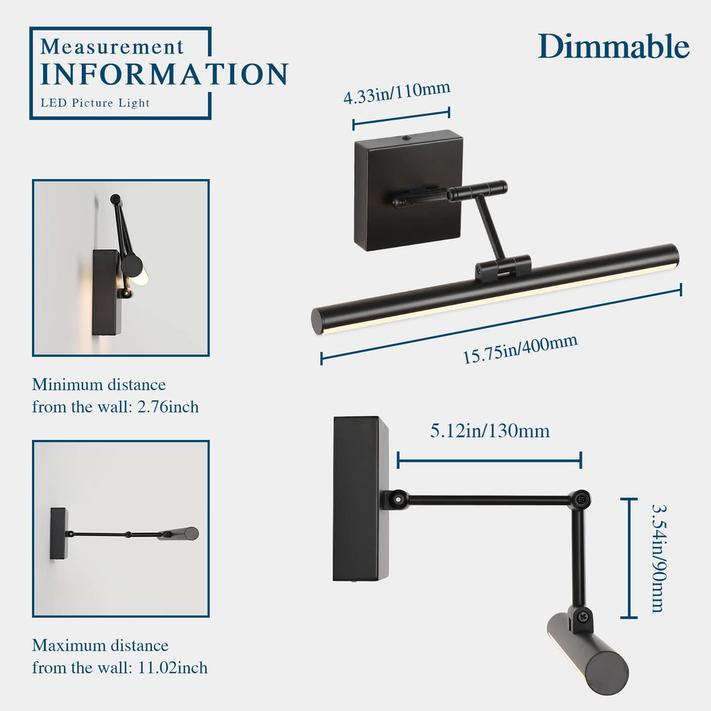 Joossnwell LED Picture Lights for Paintings Dimmable 15.5 Inch Long Hard-Wired Picture Frame Lights Brass Gallery Wall Light with Adjustable Swing Arm Art Display Lamps 7W 3000K Warm White