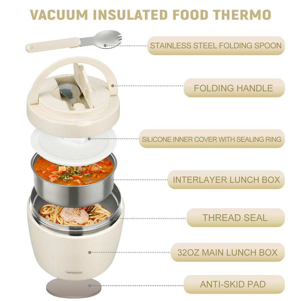 wiwens Thermo Food Jar for Hot Food Adults 32OZ Soup Thermo Lunch Containers Wide Mouth Vacuum Insulated Stainless Steel Leakproof Bento Box with Spoon (Beige)