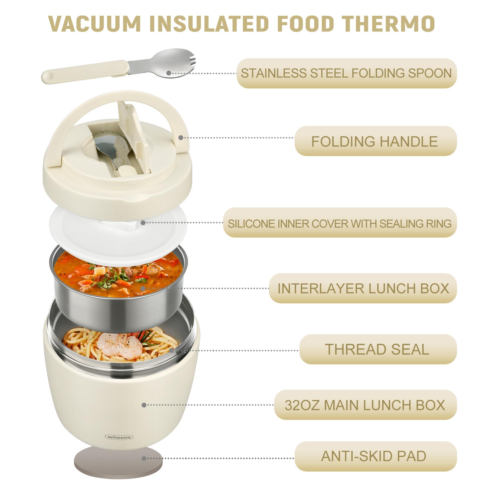 wiwens Thermo Food Jar for Hot Food Adults 32OZ Soup Thermo Lunch Containers Wide Mouth Vacuum Insulated Stainless Steel Leakproof Bento Box with Spoon (Beige)