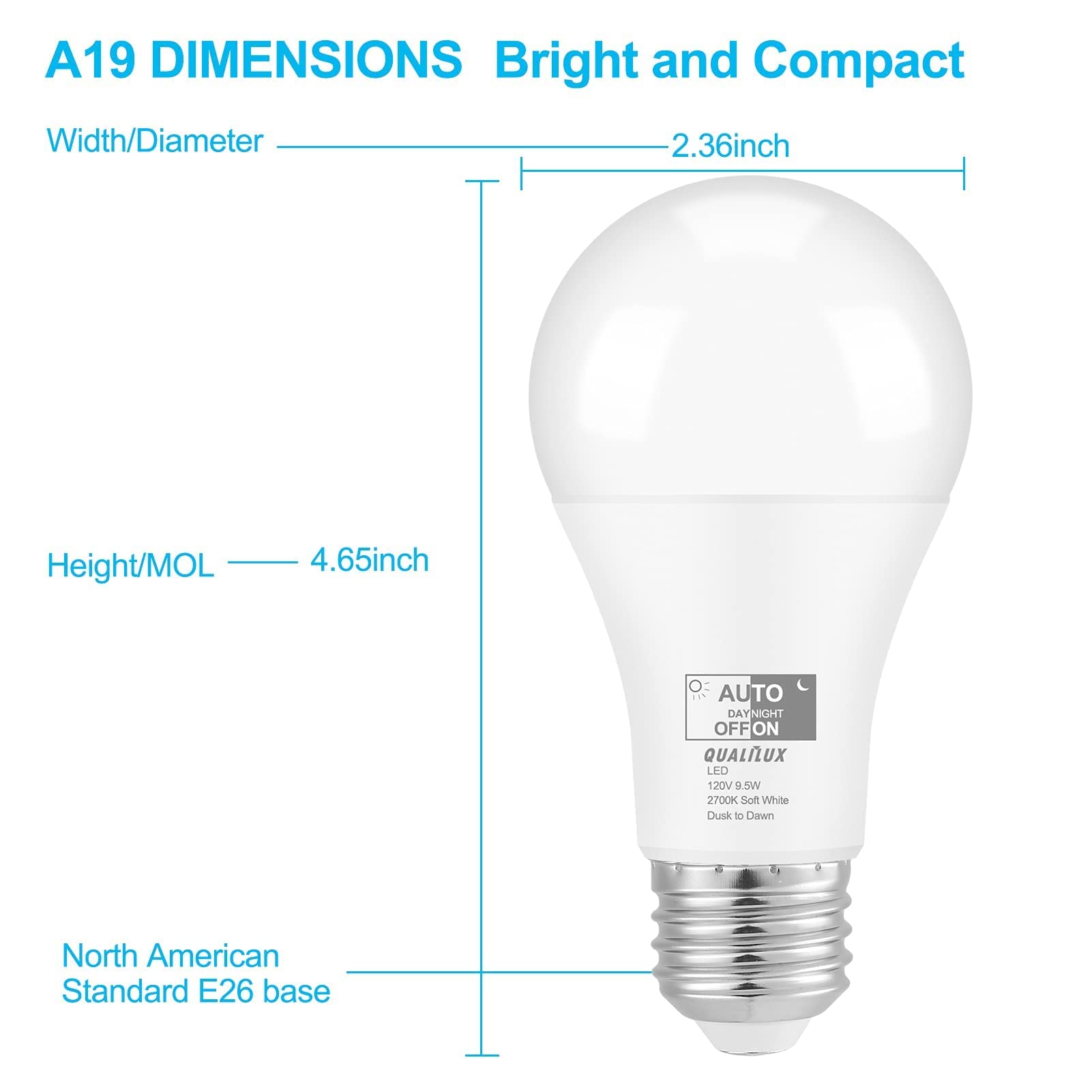 Qualilux Dusk to Dawn A19 LED Light Bulbs 850LM, 60W Equivalent, Daylight, Energy-Efficient 9.5W, A19, E26 Base, 2-Pack, HQ-H011