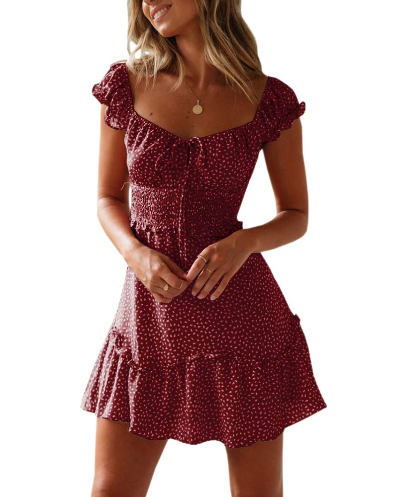 YOBECHO Womens Summer Ruffle Sleeve Sweetheart Neckline Printing Dress Mini Dresses