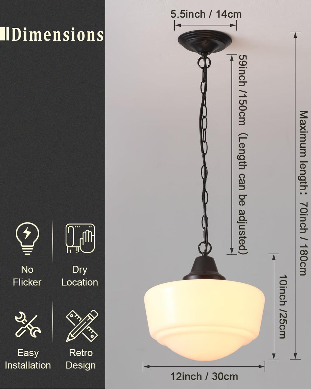 Schoolhouse Light Fixture, 12 Inch Black Finish with Milk Glass Semi Flush Mount Ceiling Light, Ceiling Light Fixture for Kitchen Hallway Entryway (Type C Pendant Light)