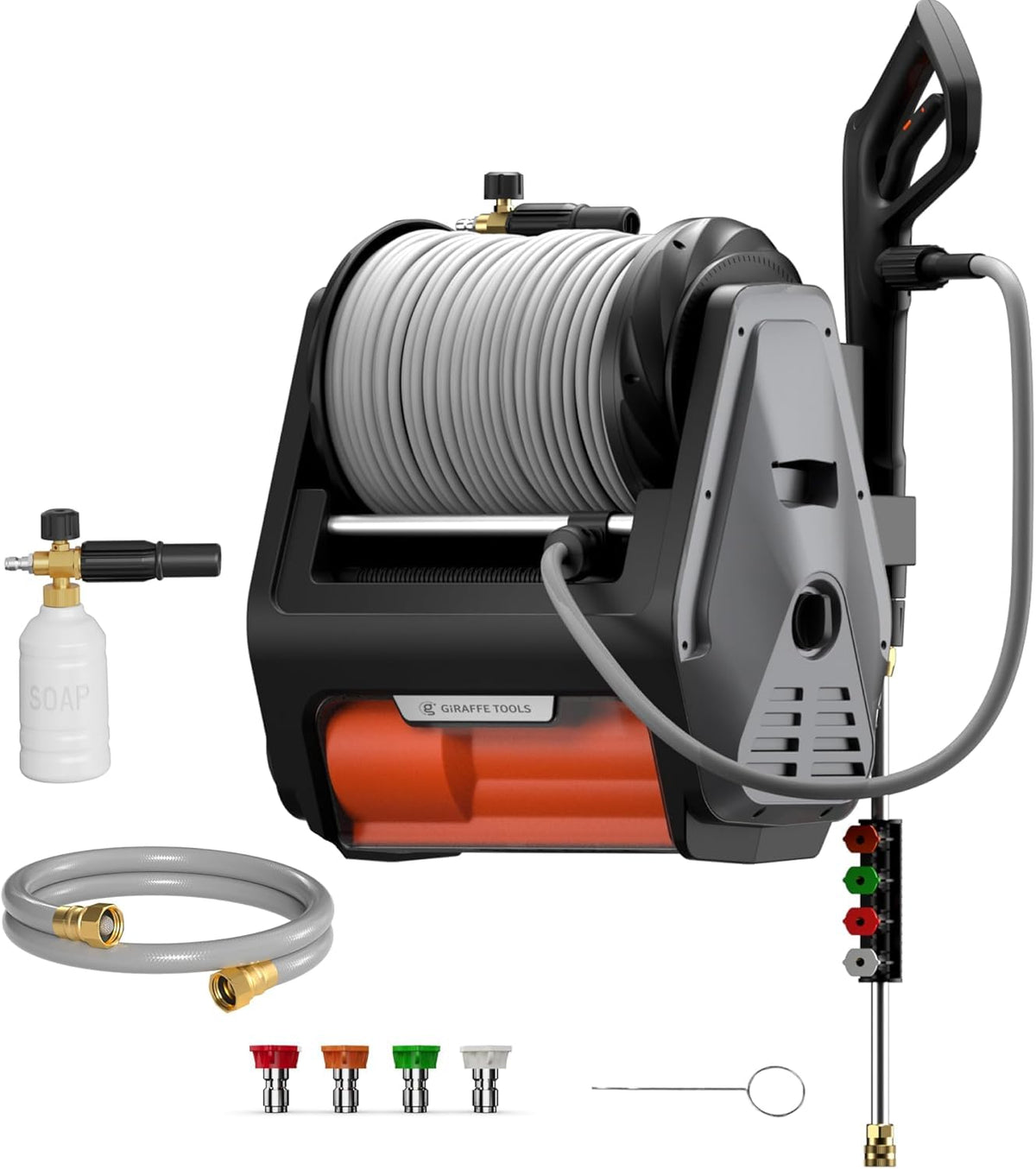 Giraffe Tools Grandfalls Retractable Wall Mounted Pressure Washer Pro, 3700 PSI, 1.6 GPM Electric Power Washer, Automatic Rewind, 100ft Pressure Hoses, 5 Nozzles for Cars/Fences/Patios, Dark Silver