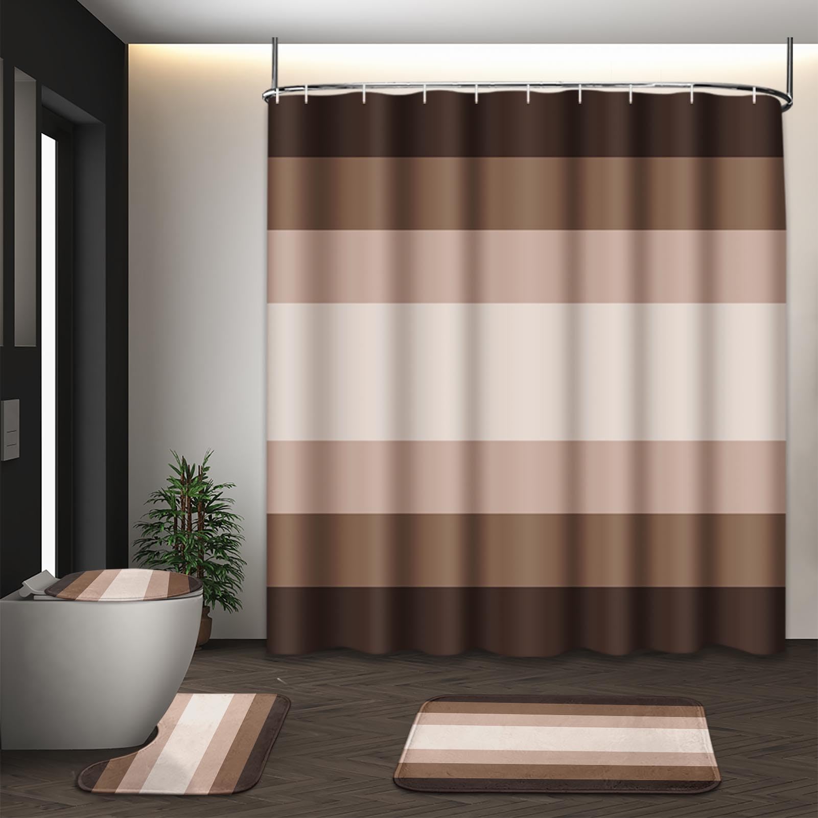 Beige Geometric Shower Curtain Set with Toilet Lid Cover and Non-Slip Rugs for Bathroom, Black Grey White Checkered 4 Pcs Shower Curtain, Modern Abstract Bathroom Set with 12 Hooks