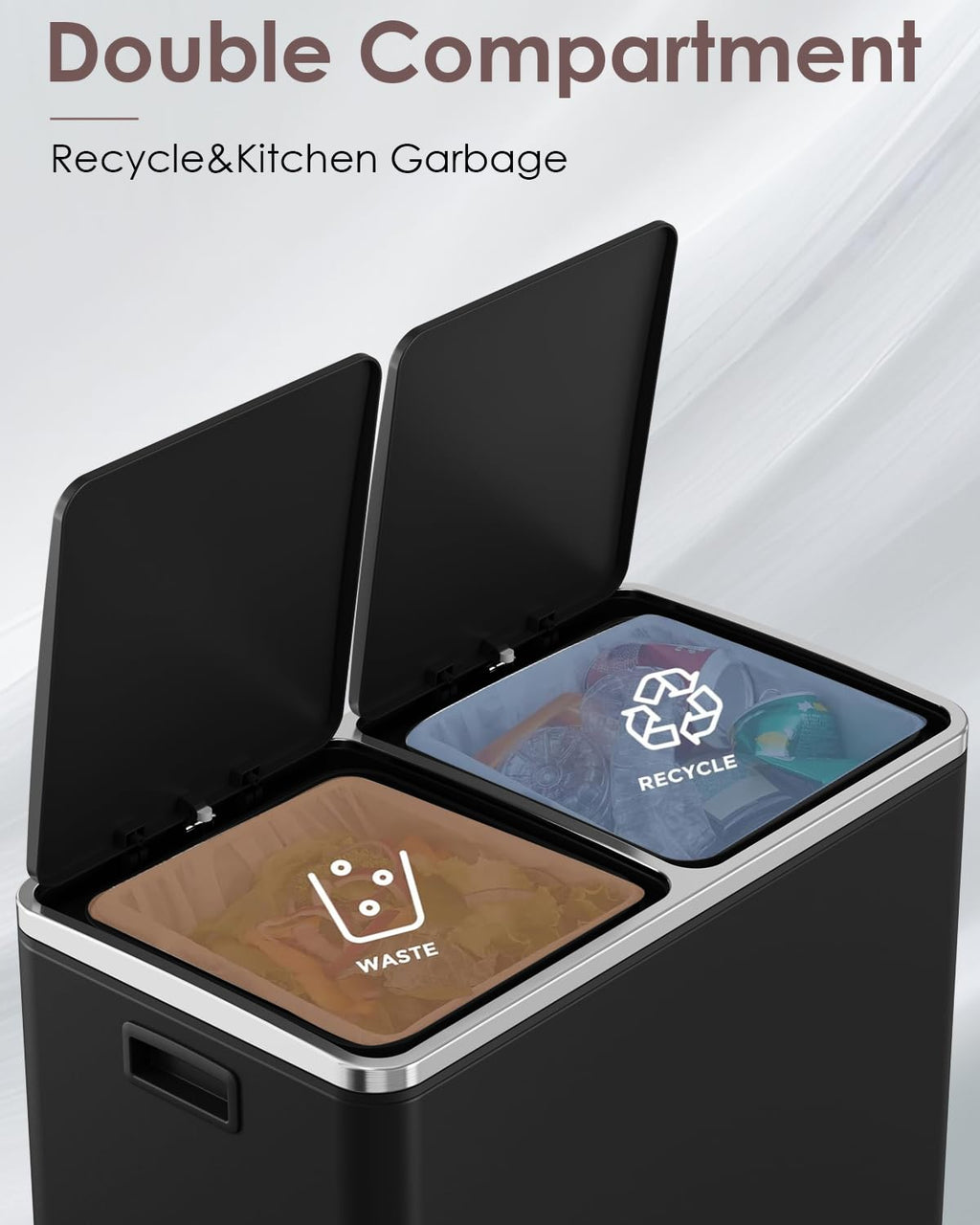 Arlopu Dual Trash Can, 2 x 8 Gallon (2 x 30 L) Hands-Free Trash and Recycle Bin Combo, Stainless Steel Kitchen Garbage Can with Soft-Close Lid, Removable Inner Buckets, Step Pedal, Airtight (Black)