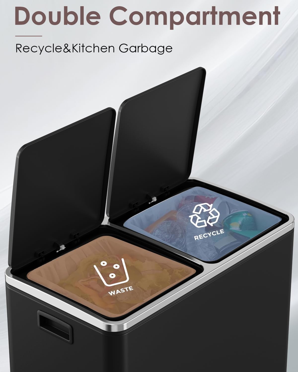 Arlopu Dual Trash Can, 2 x 8 Gallon (2 x 30 L) Hands-Free Trash and Recycle Bin Combo, Stainless Steel Kitchen Garbage Can with Soft-Close Lid, Removable Inner Buckets, Step Pedal, Airtight (Black)
