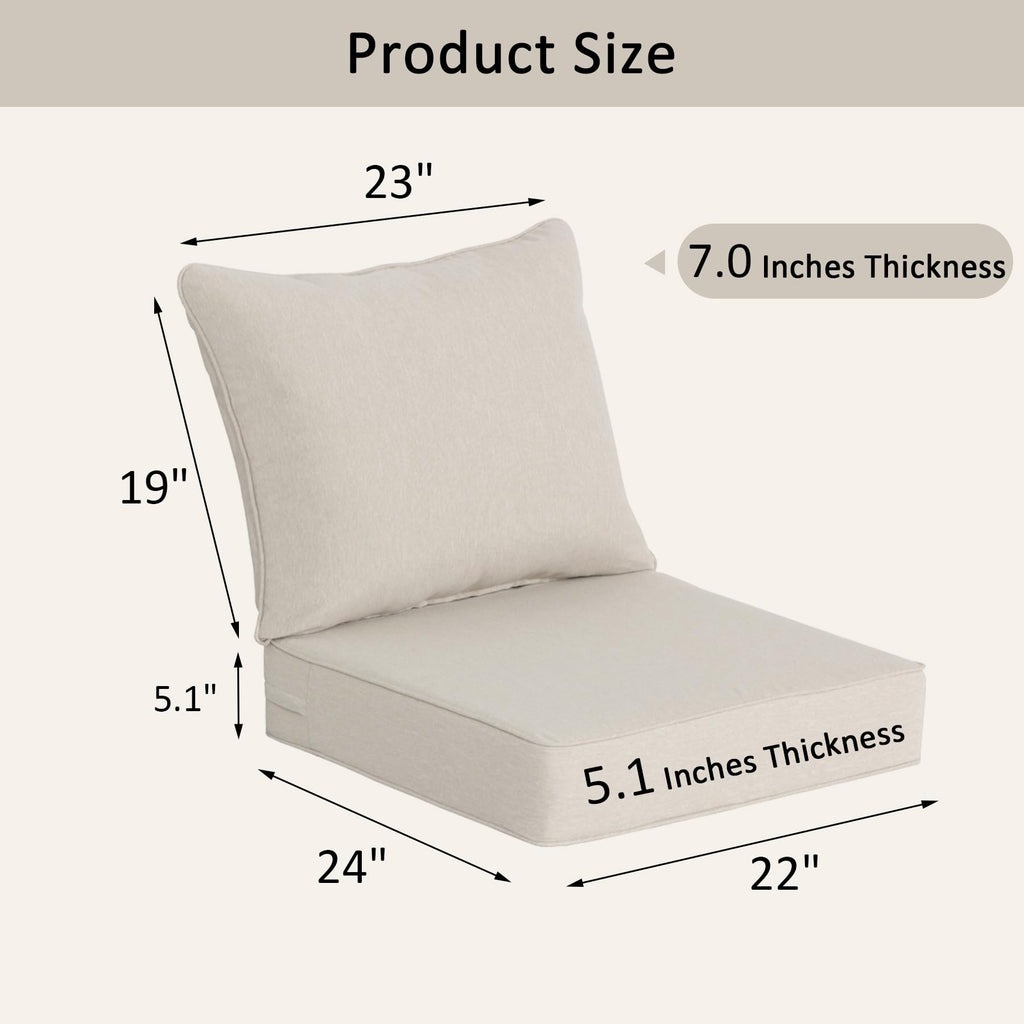 COZYVIDA 5.1" Thick Outdoor Patio Cushions Set of 2, 22"x24"x5.1" Seat, C0 Water-Resistant Breathable Fabric, UV-Resistant 1000+ Hrs, 35D Foam with Recycled Fiber Fill,Beige