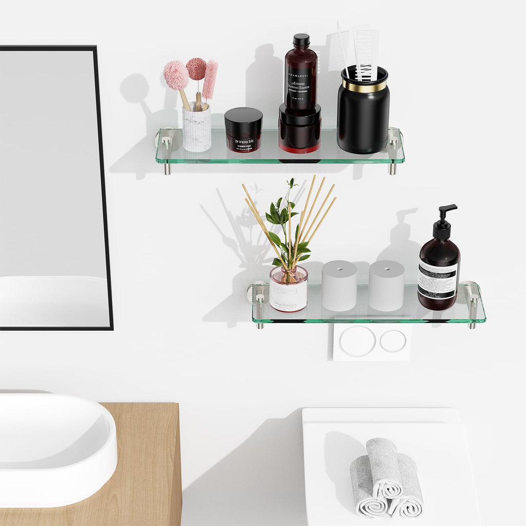 Glass Bathroom Shelves,Brushed Gold Floating Shelves for Wall Rectangular Modern Stainless Steel Glass Shelf for Bathroom Shelves wall Mounted 16 Inch