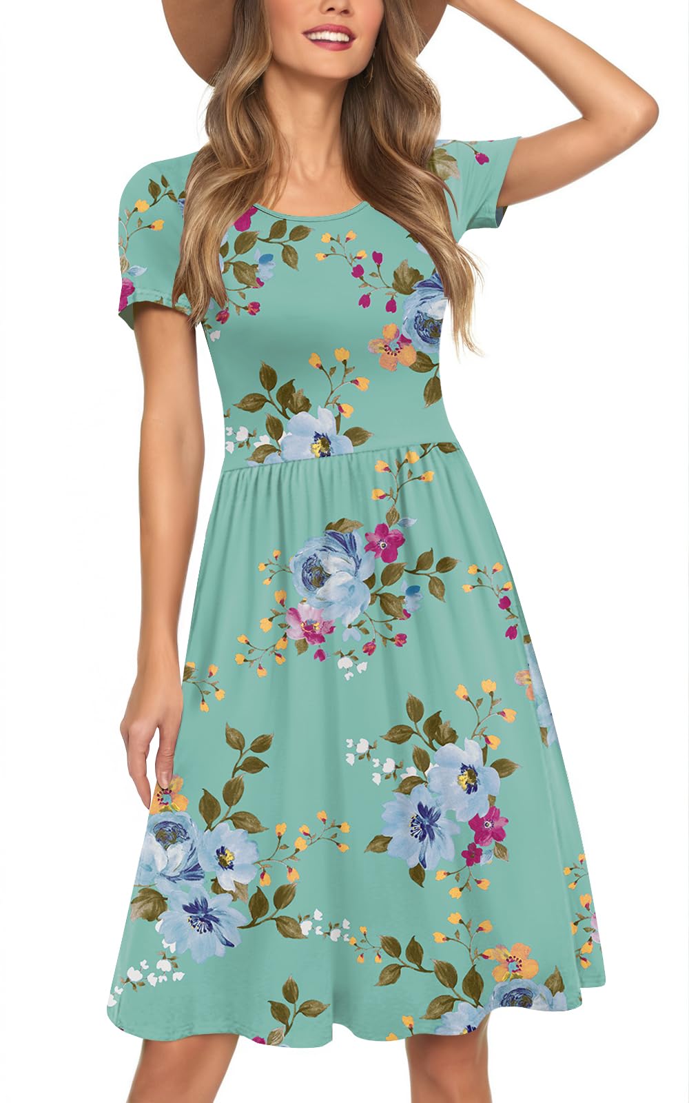 Womens Short Sleeve Empire Waist Dresses Casual Summer Dress with Pockets