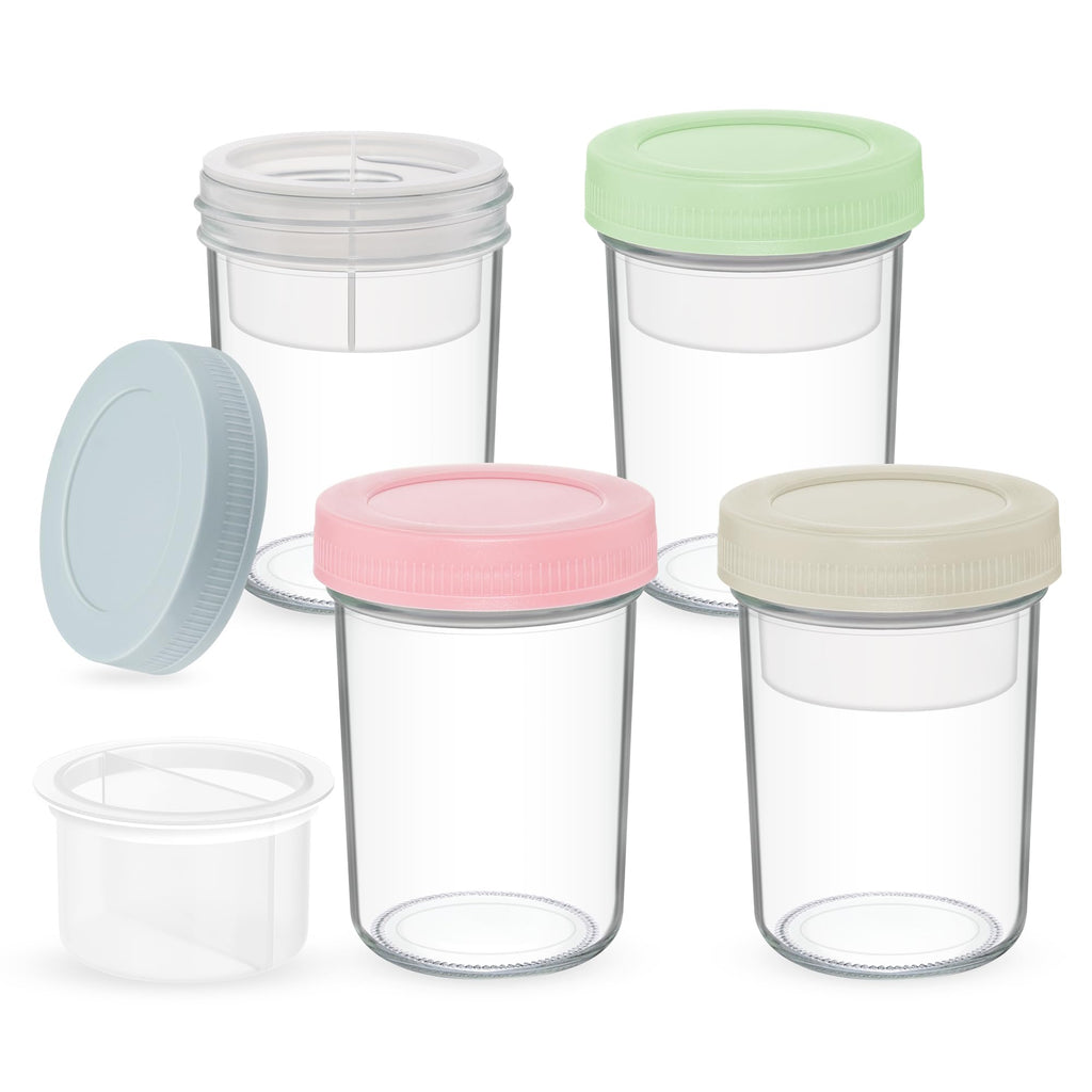 Xyptorix 16 oz Overnight Oats Containers with Airtight Lids - 2-Pack Leak-Proof Wide Mouth Mason Jars & Divided Cups for Dried and Wet Foods, Glass Jars for Chia Pudding, Salad, Snacks, and Yogurt