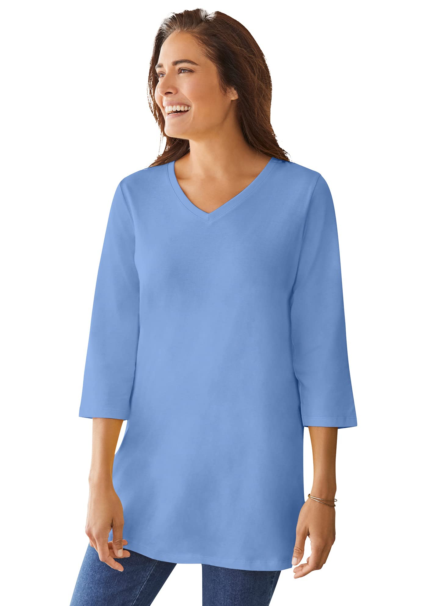 Woman Within Plus Size Perfect Three-Quarter Sleeve V-Neck Tunic