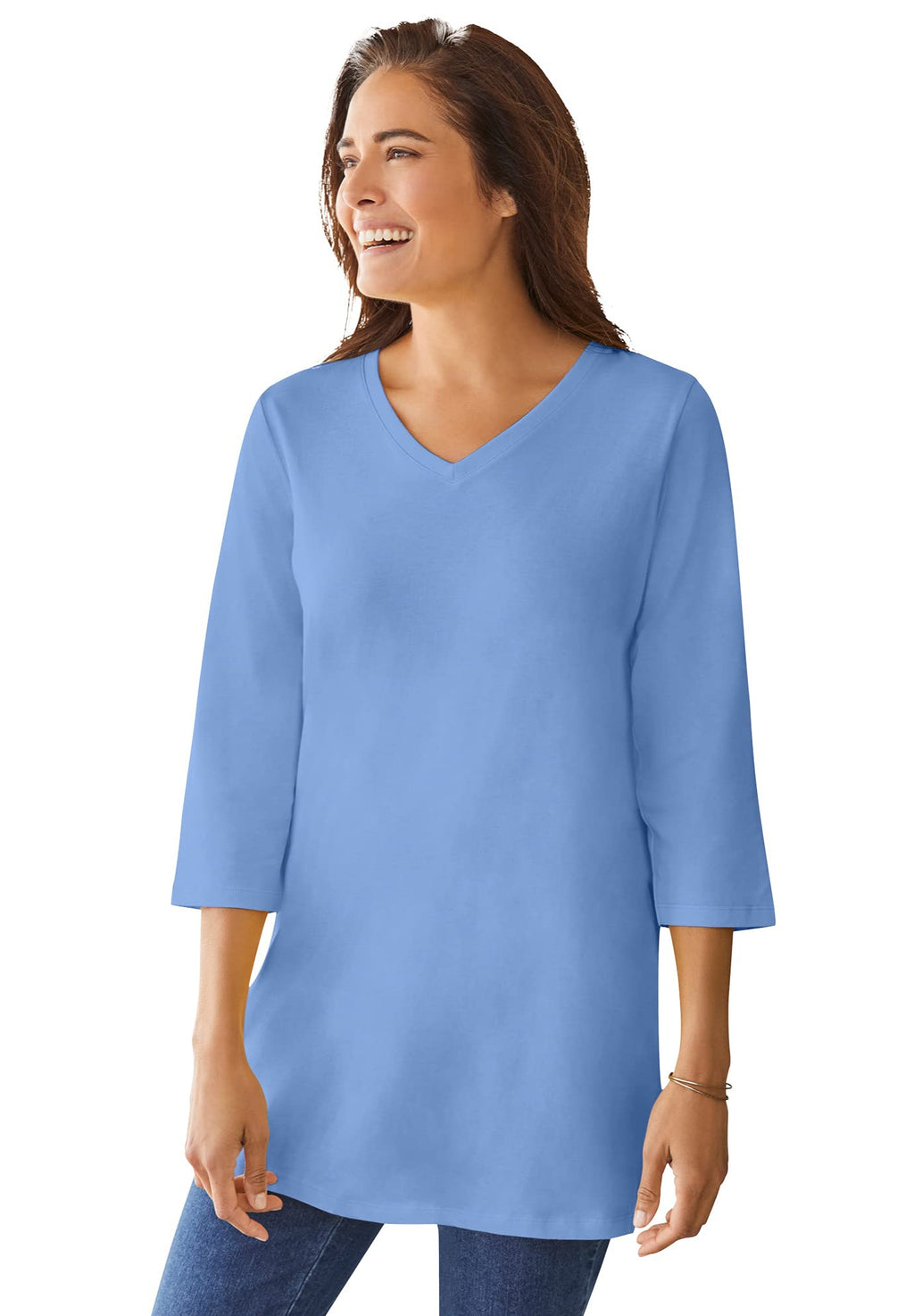 Woman Within Plus Size Perfect Three-Quarter Sleeve V-Neck Tunic