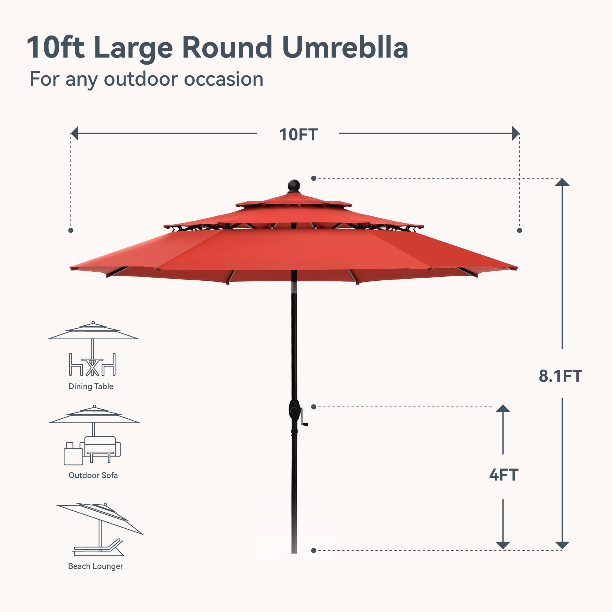 PHI VILLA 10ft Patio Umbrellas, Outdoor 3 Tier Vented Large Market Table Umbrella with 8 Sturdy Ribs and 1.5" Umbrellla Pole for Lawn Poolside Garden Terrace, Beige(No Base)