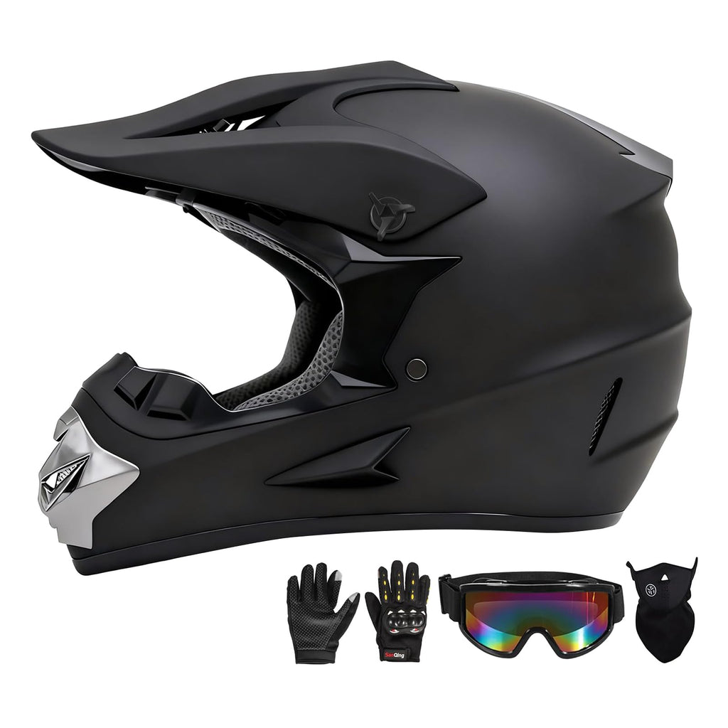 Youth Kids Motocross Helmet Full Face Motorcycle Dirt Bike Off-Road Mountain Bike BMX MX ATV Helmet,DOT Approved,W/Gloves Goggles Mask 4Pcs Set (Black, S)
