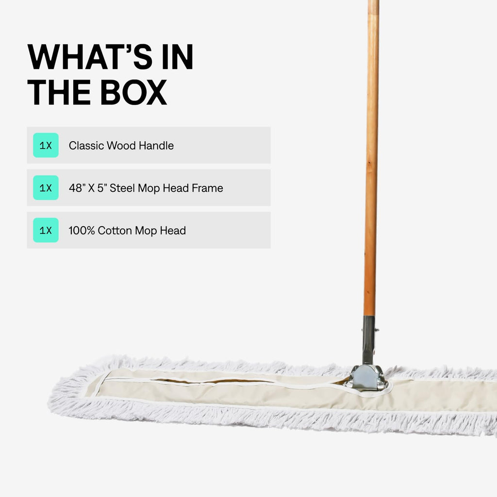 Commercial Dust Mop & Floor Sweeper, 24 in. Dust Mop for Hardwood Floors, Cotton Mop Head, Wooden Broom Handle, Industrial Dry Mop for Floor Cleaning & Janitorial Supplies