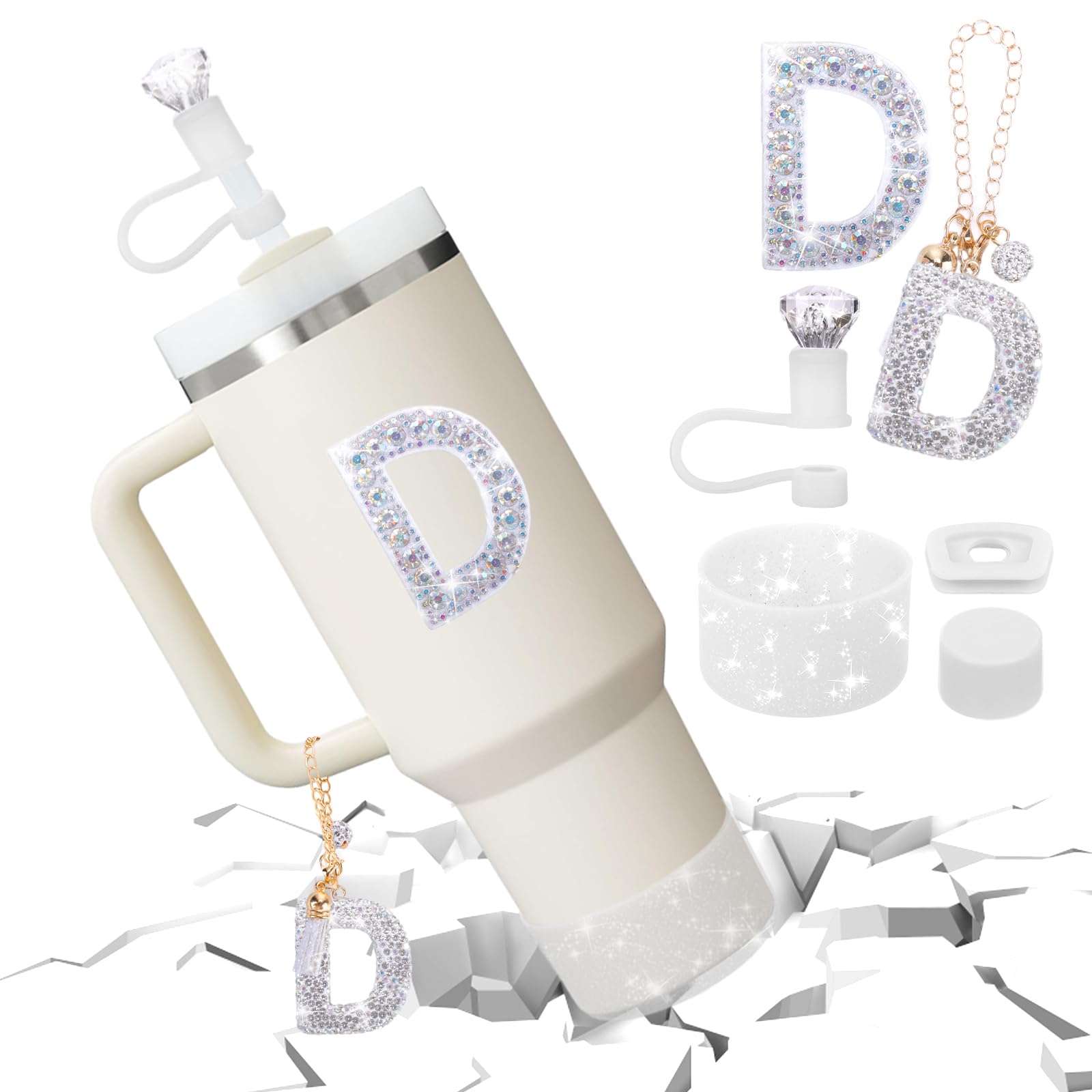 Mity rain Accessories Set for Stanley Cup, Initials Decorations for Tumbler Cup 30/40OZ, Including Diamond Straw Topper/Spill Proof Stopper/Sparkly Silicone Boot Set/Letter Charms for Handle A-Z (A-)