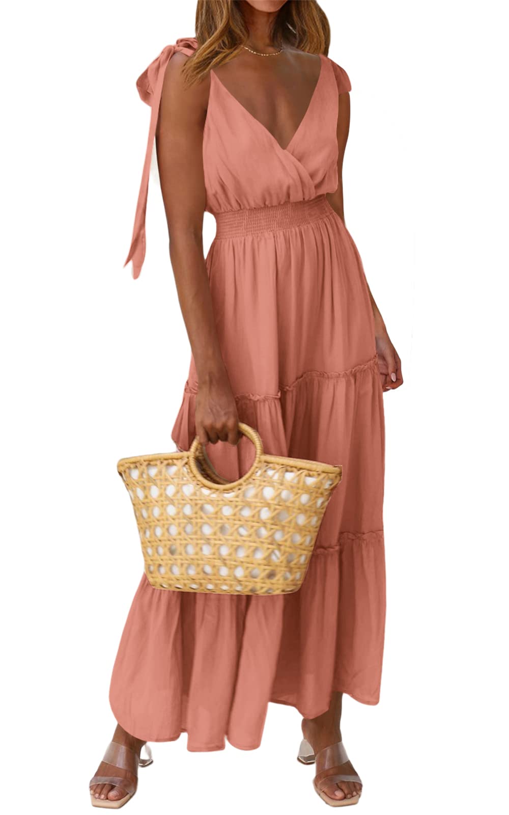 PRETTYGARDEN Women's Cross Neck Summer Sleeveless Tiered Maxi Dress Beach Tie Strap Smocked Long Dresses Pleated Sundress