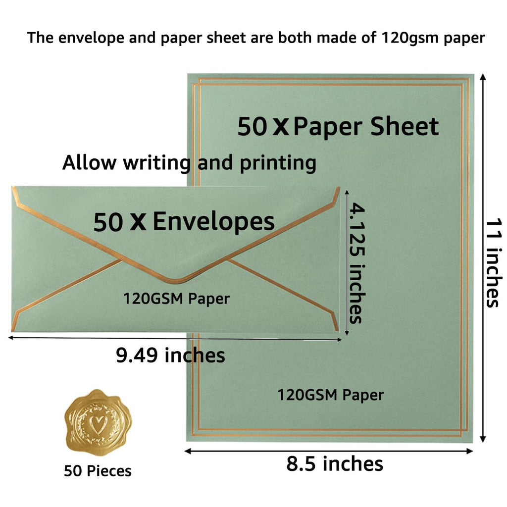 50 Pack Stationery Set with Envelopes, Cream Color, 8.5x11 Inches | Gold Border, #10 Business Envelopes and 8.5x11 Paper Sheets, Stickers for Letter Writing, Invitations