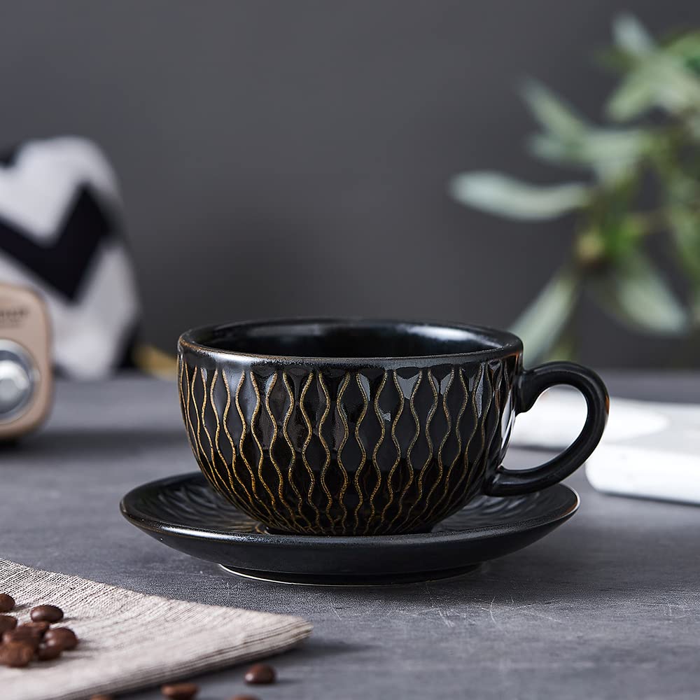 Coffeezone Vintage Design 12 oz Ceramic Latte Art Cappuccino Barista Cup with Saucer (Beige)