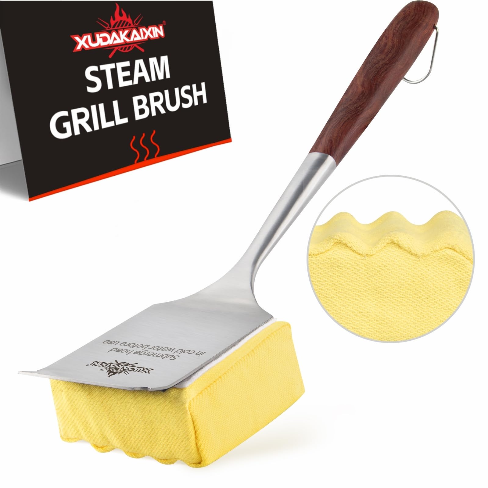 Bristle-Free Steam Cleaning Grill Brush — Features an Extended Luxurious Rosewood Handle and a Unique Wavy pad that Seamlessly fits cast Iron and Stainless Steel grates