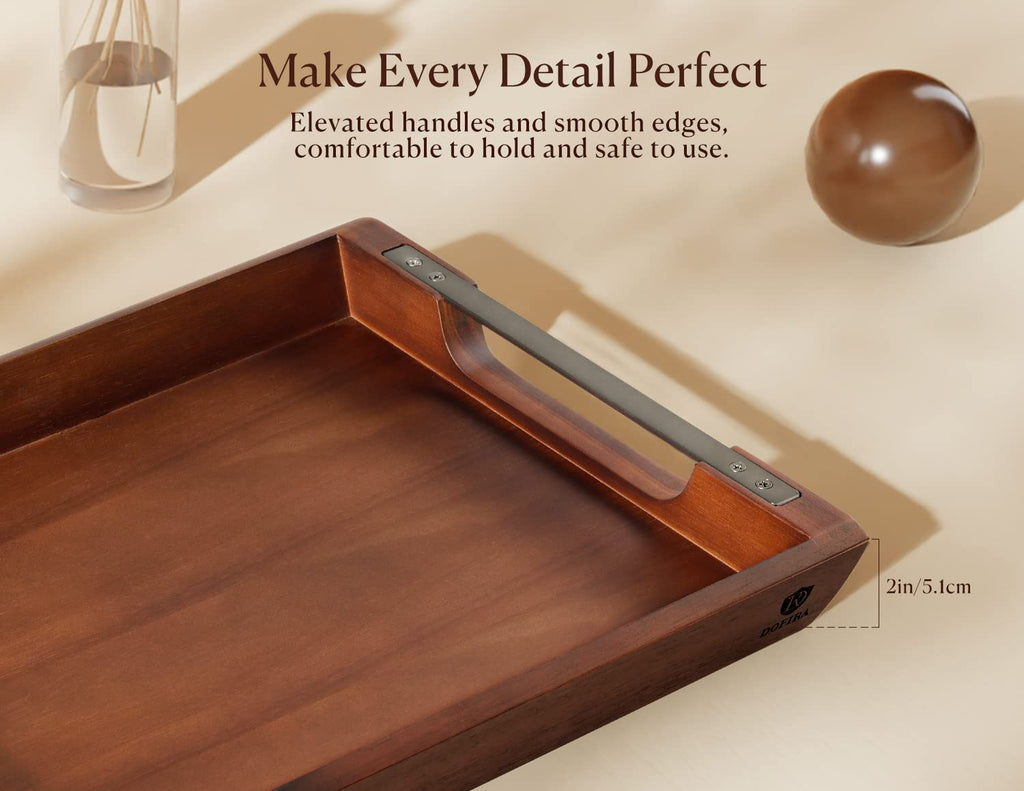 Acacia Wood Serving Tray with Metal Handles, 17x13in Food Drinks Tray for Coffee Table, Breakfast, Dinner & Bar, Rustic Decorative Storage Tray for Ottoman, Kitchen, Elegent Gift for Father
